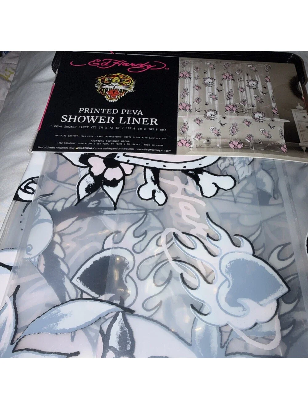 Ed Hardy Love Skull Shower Curtain Liner 72x72 Tattoo Hearts PEVA New